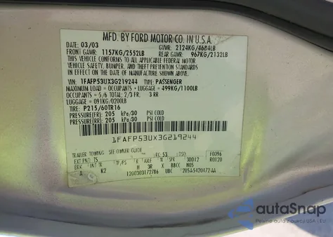 2003 Ford Taurus Se z USA, uszkodzony, nr VIN 1FAFP53UX3G219244